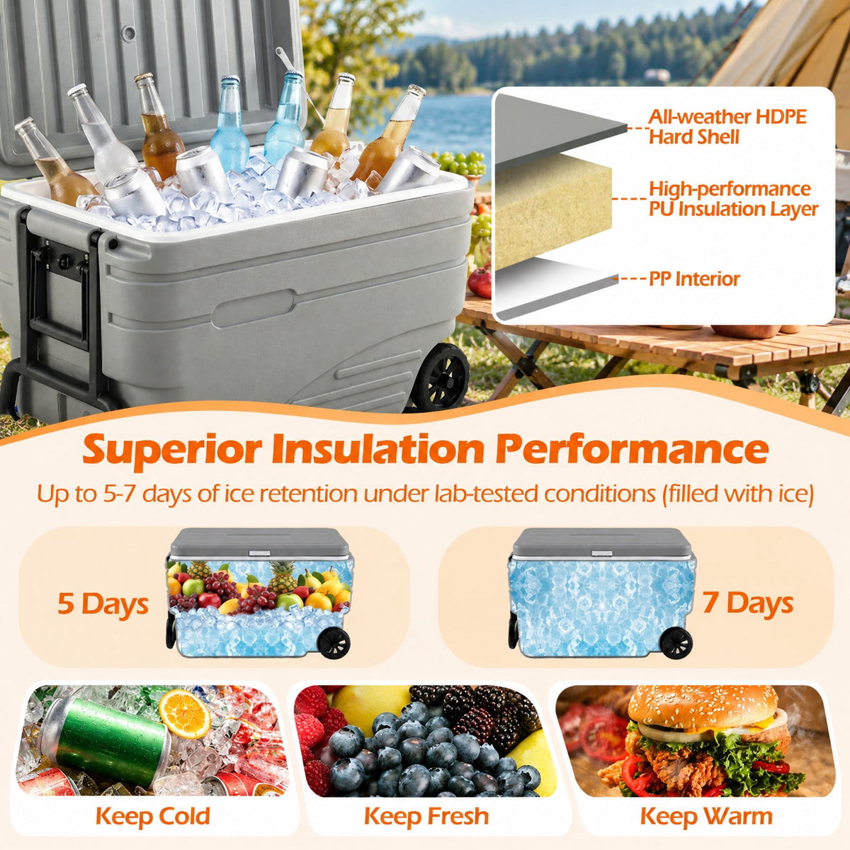Airfind 103 Quart Outdoor Portable Wheeled Ice Cooler with Foldable Pull and Carry Handles, 330 lbs Capacity, HDPE PP PU TPE Frame, Gray