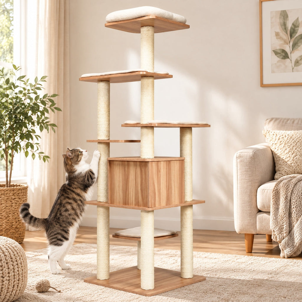 Airfind 7-Layer Wooden Cat Tree Tall Cat Tower with Sisal Posts and Condo, 33 lbs Capacity, Engineering Board Sisal Rope Plush Frame, Natural