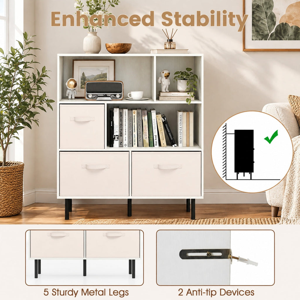 Airfind 6-Cube Bookshelf with 3 Removable Folding Fabric Drawers for Living Room, 330 lbs Capacity, Metal Engineered Wood Frame, White