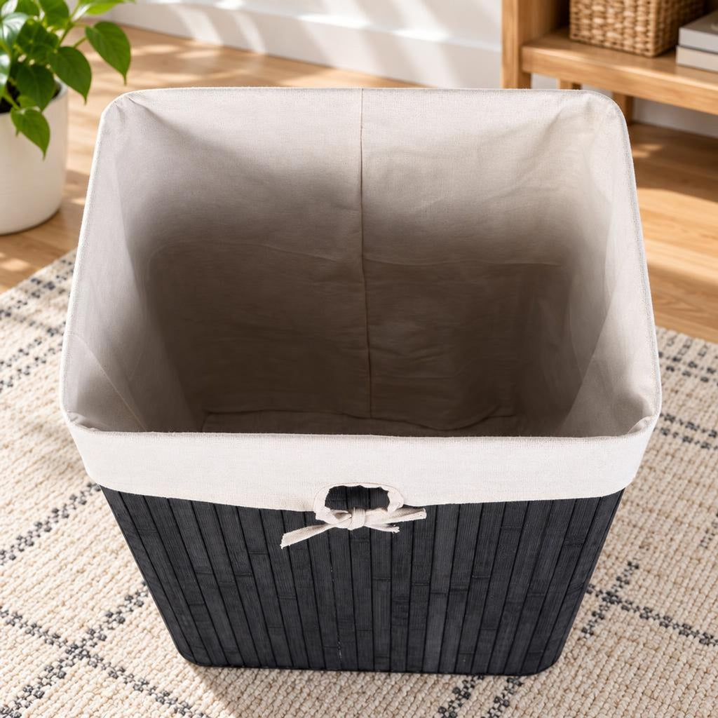 Airfind Rectangle Bamboo Hamper Laundry Basket Washing Cloth Bin Storage Bag Lid 3 color, Bamboo and polyester cotton Frame, Black