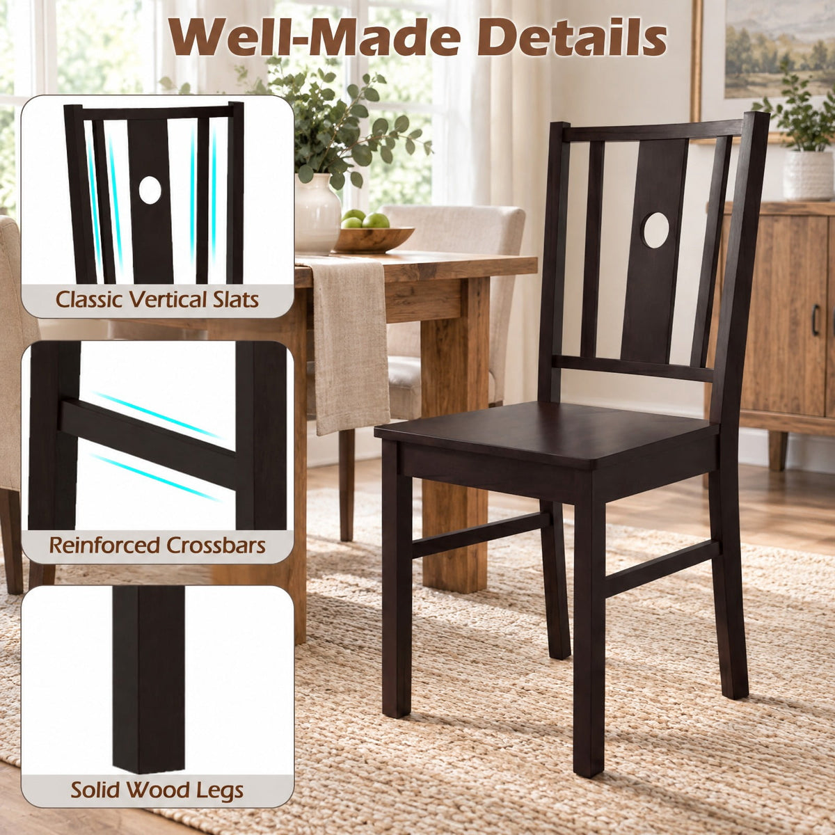 Airfind Set of 2 Solid Rubber Wood Kitchen Chairs featuring Slatted Curved Backrest, Chair 330 lbs Total Capacity, Rubber Wood MDF Frame, Coffee
