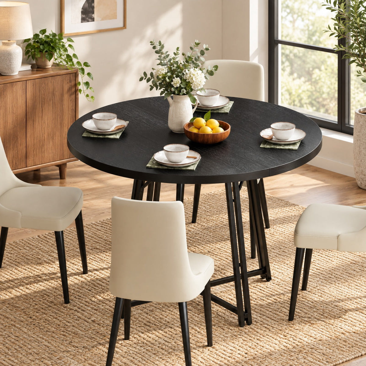Airfind 47 Inch Dining Table for 4-6 People Round Kitchen Table with Cross Base, 200 lbs Capacity, Metal MDF Frame, 47 x 30.5 Footprint, Black