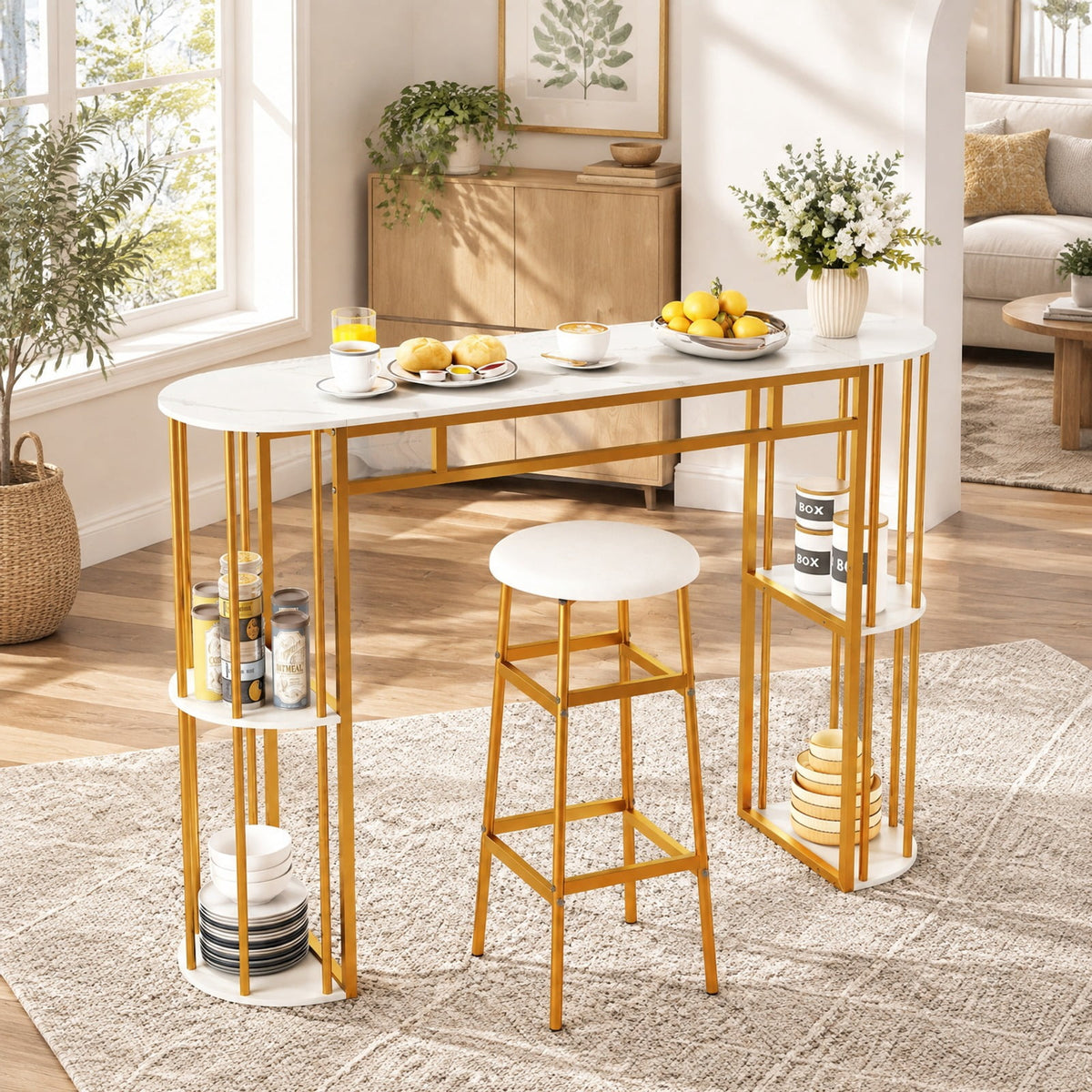 Airfind 60 Inch Long Bar Table Narrow with Faux Marble Tabletop and Storage Shelves, 135 lbs Capacity, Metal Engineered Wood Frame, White