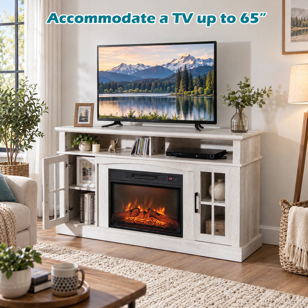 Airfind Fireplace TV Stand for TVs Up to 65 Inch with Side Cabinets and Remote Control, 66 lbs Capacity, Engineered wood Frame, Gray
