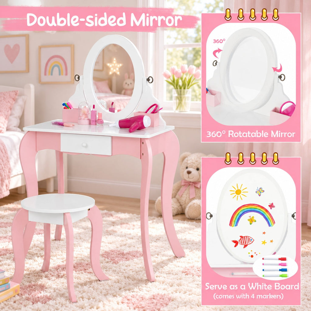 Airfind Pretend Kids Vanity Set with 360° Rotatable Mirror and Play Accessories, 66 lbs Capacity, MDF Acrylic Frame, 24 x 13.5 x 40 Footprint