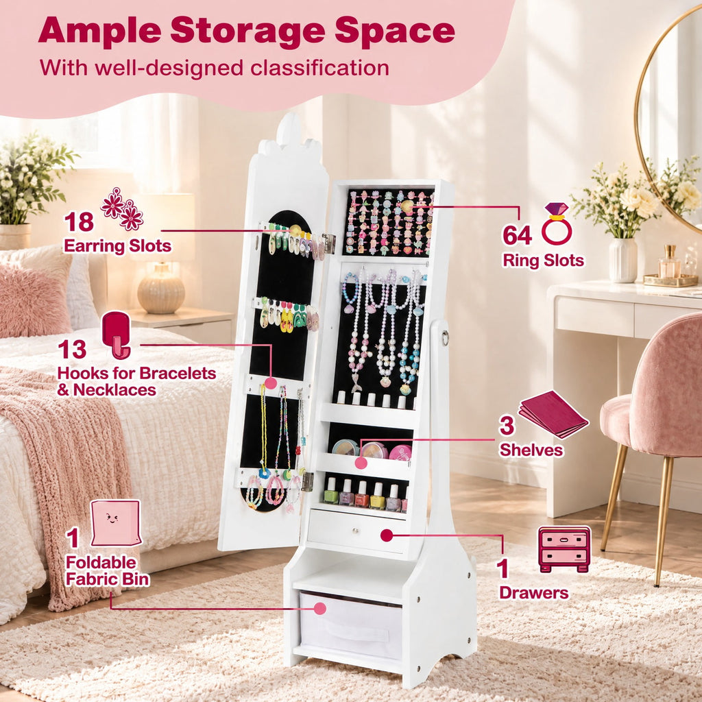 Airfind Kids Jewelry Armoire Cabinet with Storage and 2 Tilt Angles, MDF Frame, 12.5 x 12 x 45.5 Footprint, White