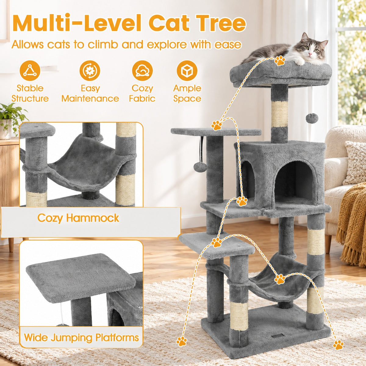 Airfind Multi-Level Cat Tower with 2-Door Condo and Padded Top Perch, PP Cotton Fabric Sisal Engineered Wood Overall Height 44 Base Frame
