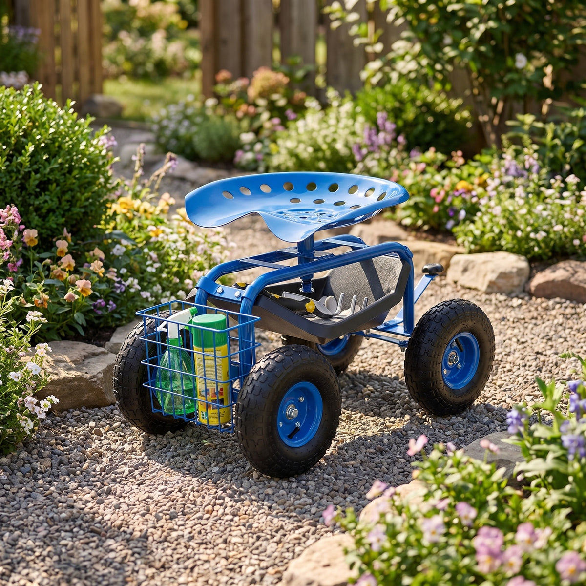Airfind Heavy Duty Garden Cart with Tool Tray and 360 Swivel Seat, 330 lbs Capacity, Steel Rubber Plastic Frame, 38 x 17 x Footprint, Blue