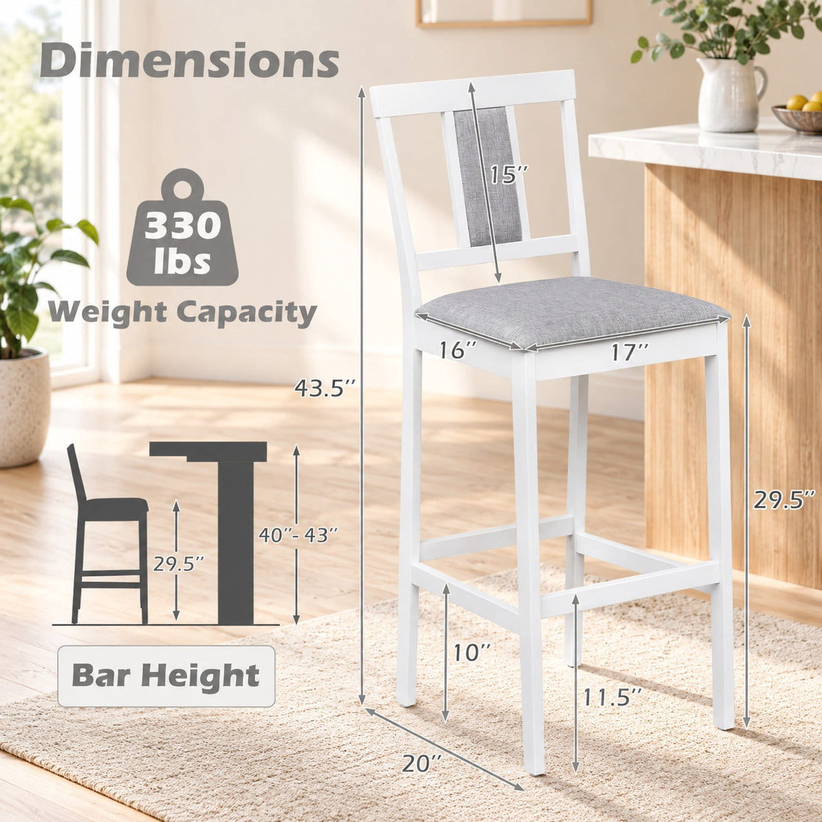 Airfind Set of 2 Upholstered Barstool 29.5 Inch Bar Height with Solid Rubber Wood Frame, 300 lbs Capacity, White