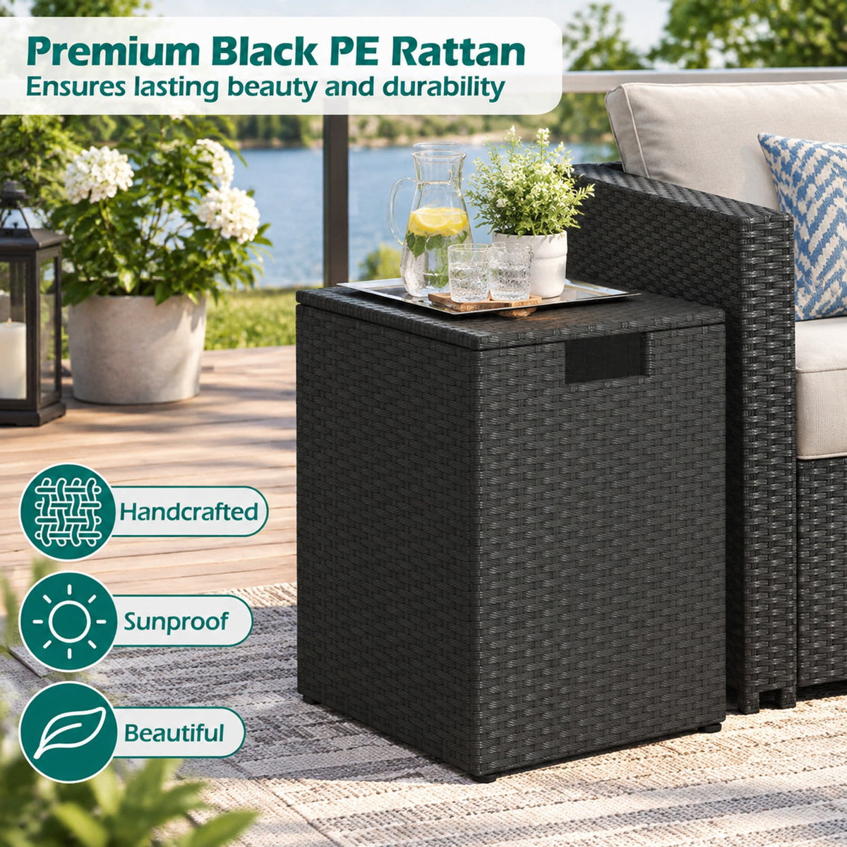 Airfind Rattan Propane Tank Cover Patio Hideaway Tank Side Table, 80 lbs Capacity, PE Rattan Metal Frame, 16 x 16 x 22.5 Footprint, Black