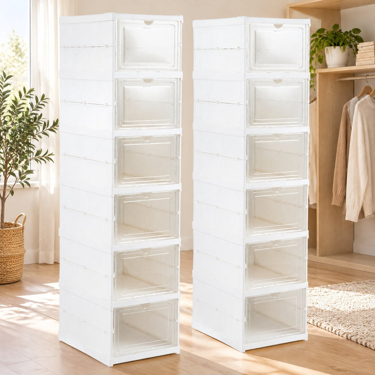 AIRFIND 6-Tier Shoe Organizer with Clear Doors, Magnetic Closures and Foldable Plastic Frame, Ventilated Shoe Storage for Closet or Entryway