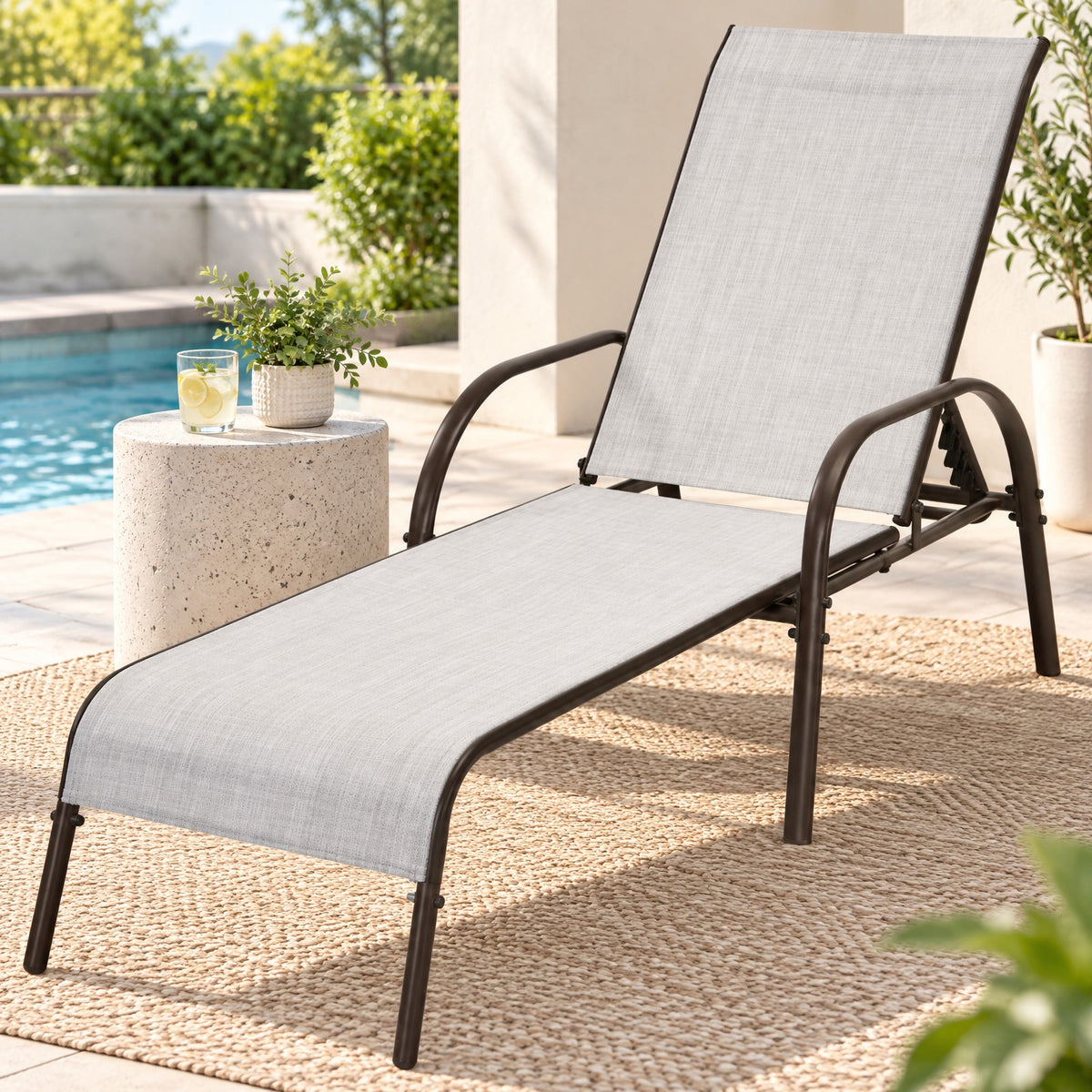 Airfind 2 Pcs Outdoor Patio Lounge Chair Chaise Fabric with Adjustable Reclining Armrest, Fabric Steel Horizontal Frame, Gray