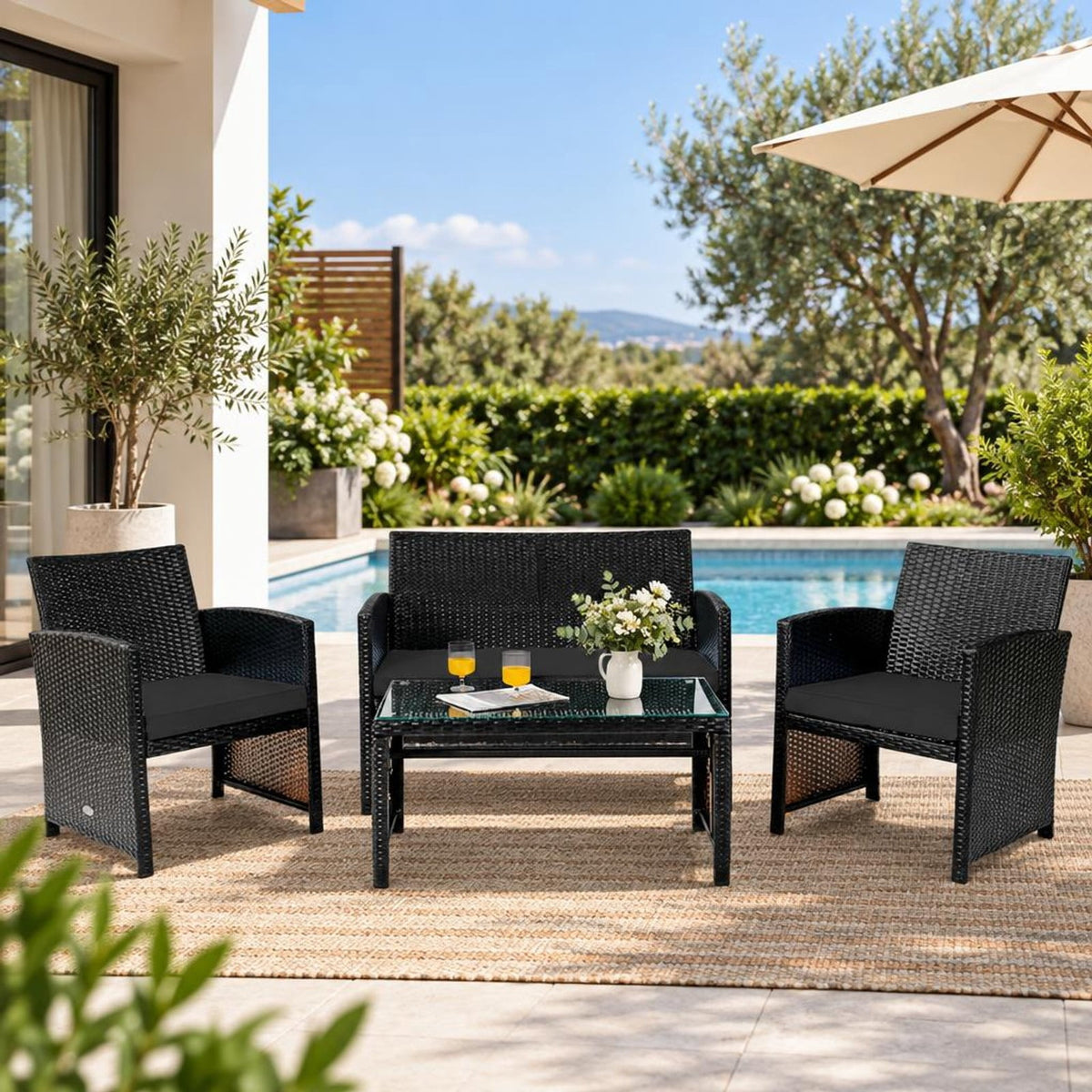 Airfind 4 Pieces Patio Rattan Cushioned Furniture Set with Coffee Table, Rattan Frame, 43.5 x 25 x 31 Footprint, Black