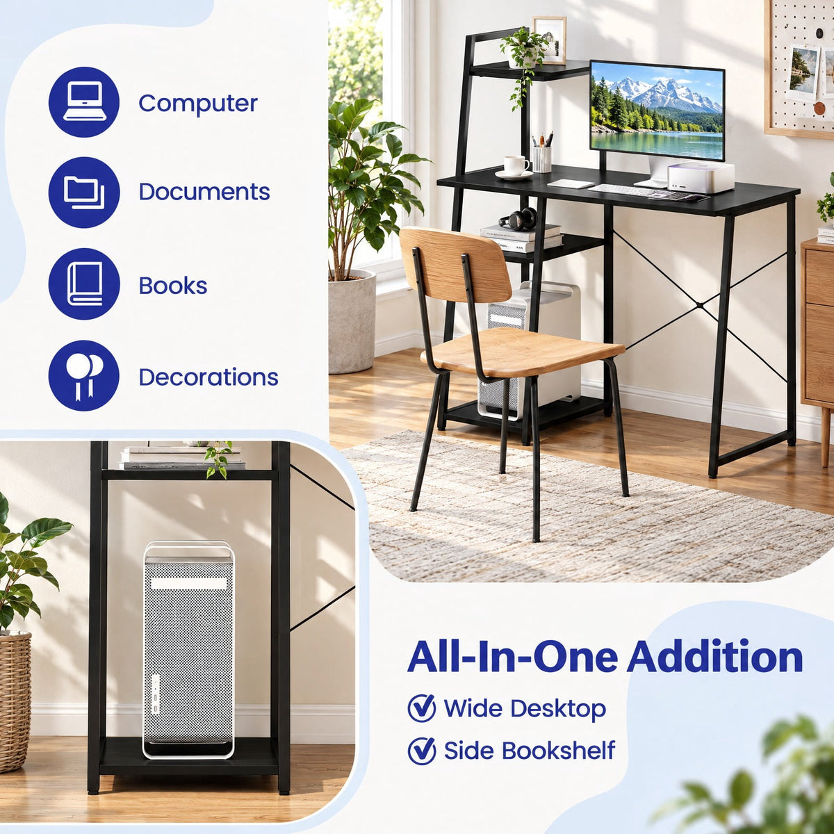 Airfind Computer Desk with Shelves and 3-Tier Storage Bookshelf, Metal Engineered Wood Frame, 39.5 x 20 x 47.5 Footprint, Black