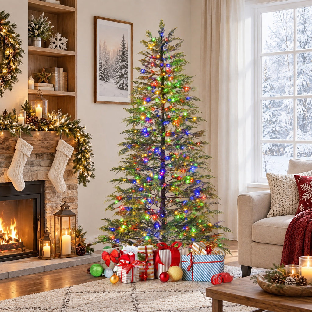 Airfind 6.5 Feet Artificial Christmas Tree with Branch Tips and Colorful LED Lights, Green, a light controller for convenient operation