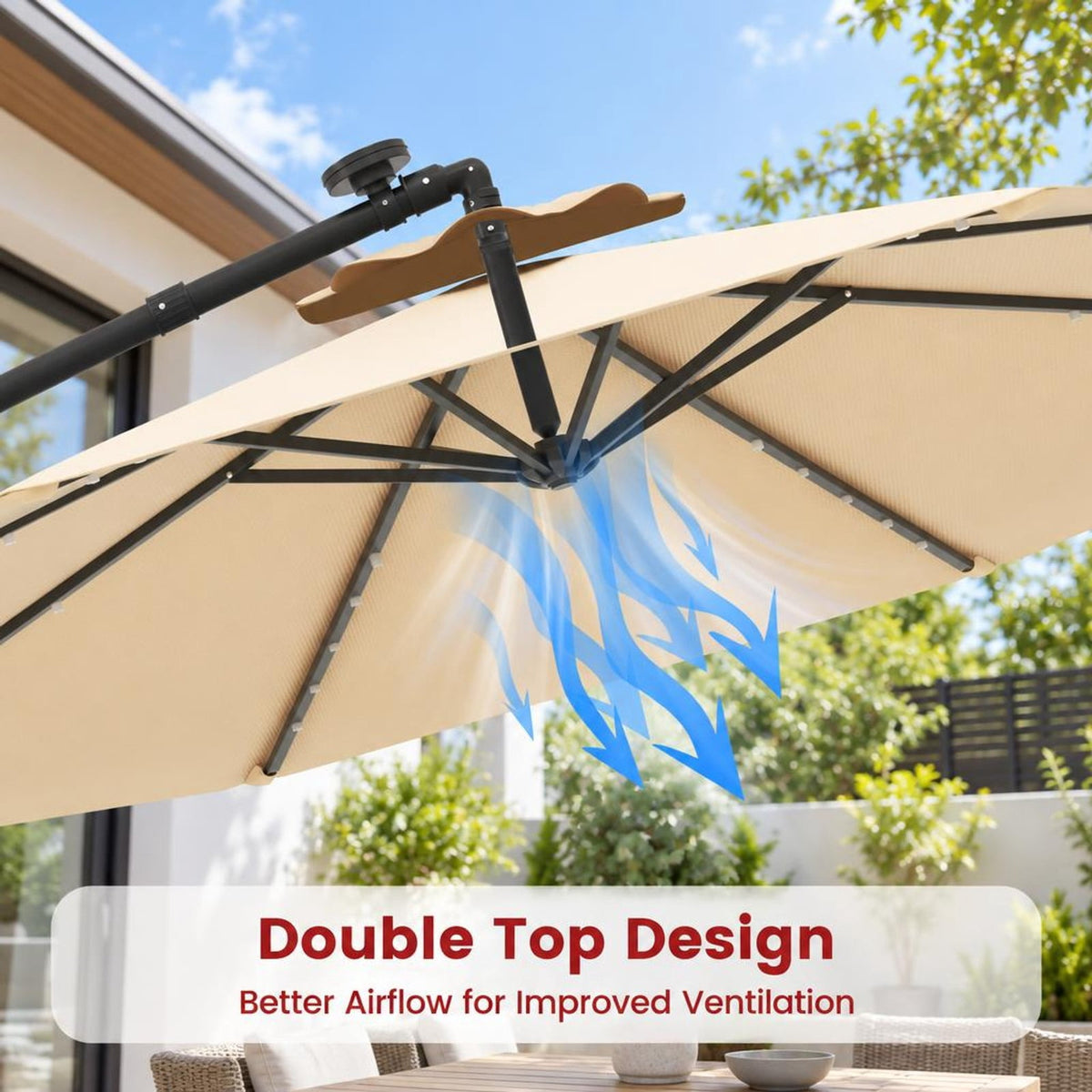 Airfind 10 Feet Cantilever Umbrella with 32 LED Lights and Solar Panel Batteries, Polyester Fabric Metal Oxford Fabric Frame, Beige