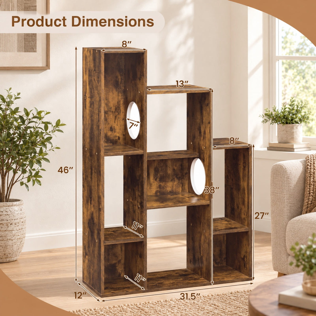 Airfind Modern Cat Bookshelf Cat Tree 8-Section Storage Cabinet with 2 Round Holes, 22 lbs Capacity, Engineered Wood Frame, Brown