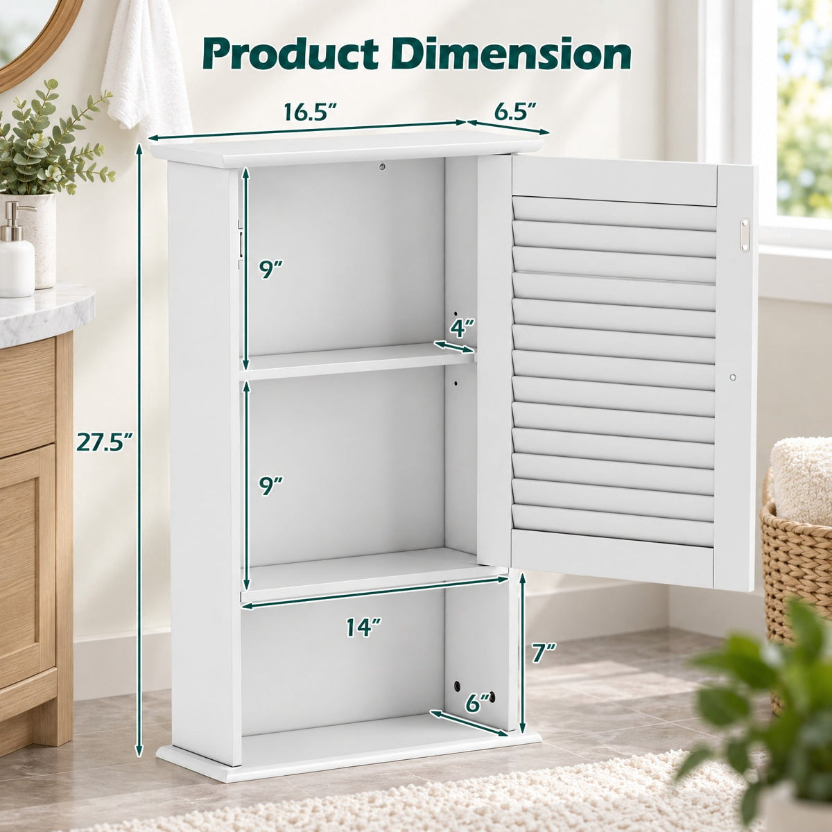 Airfind 27.5 Inch H Wall Hanging Bathroom Storage Cabinet, 46 lbs Capacity, Engineered Wood Frame, 16.5 Inch x 6.5 Inch x 27.5 Inch Footprint, White