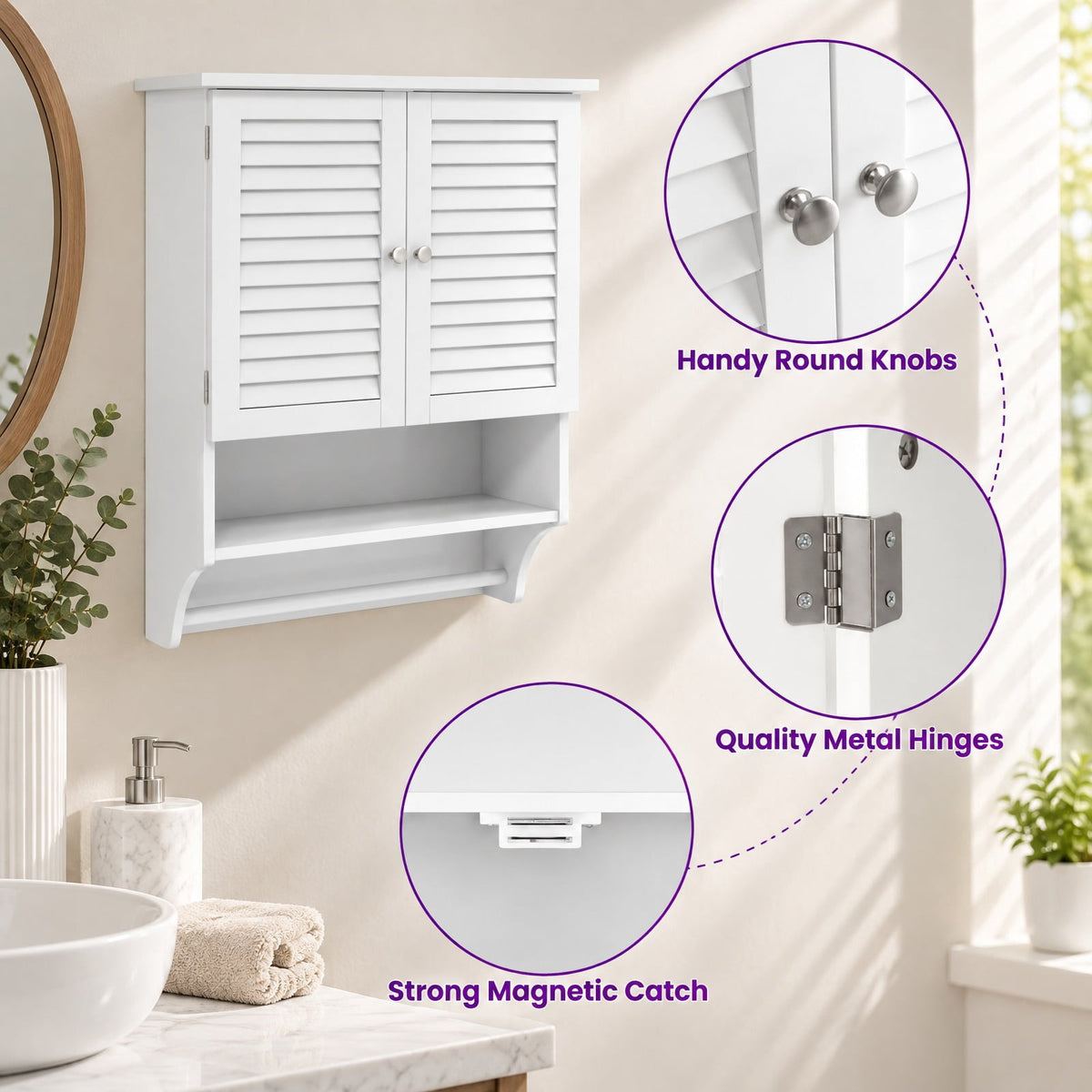 Airfind 2-Doors Bathroom Wall-Mounted Medicine Cabinet with Towel Bar, White, Bottom towel rod for extra storage choice