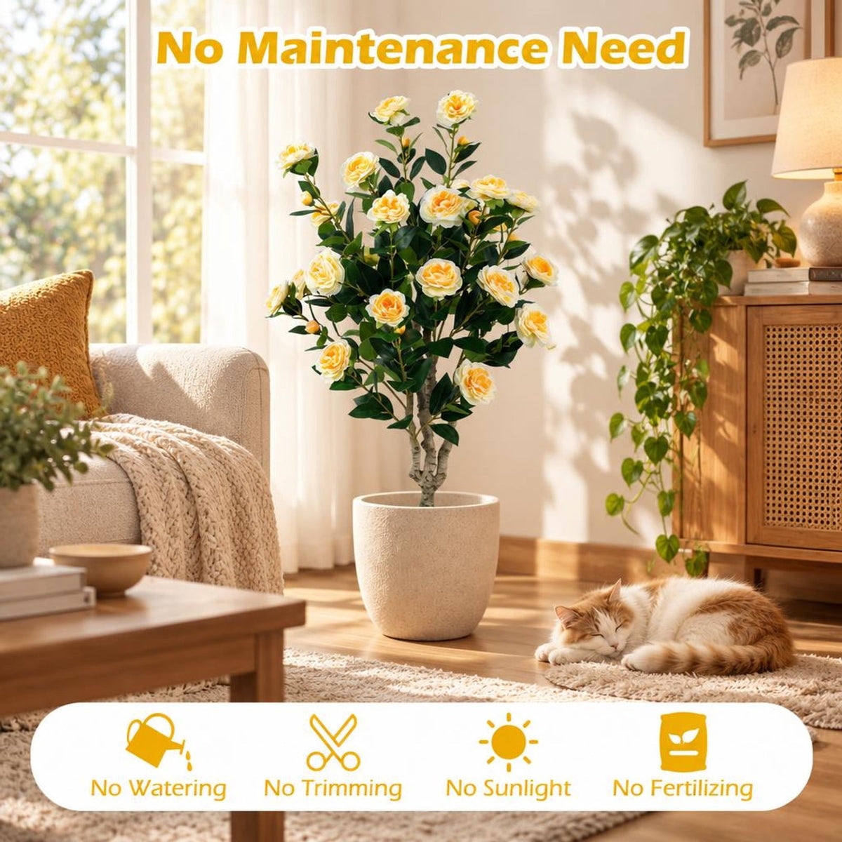 Airfind Set of 2 39.5 Artificial Camellia Tree with Cream Yellow Blossoms in Cement Pot for Decoration, PP Cement PE Fabric Frame, Cream Yellow