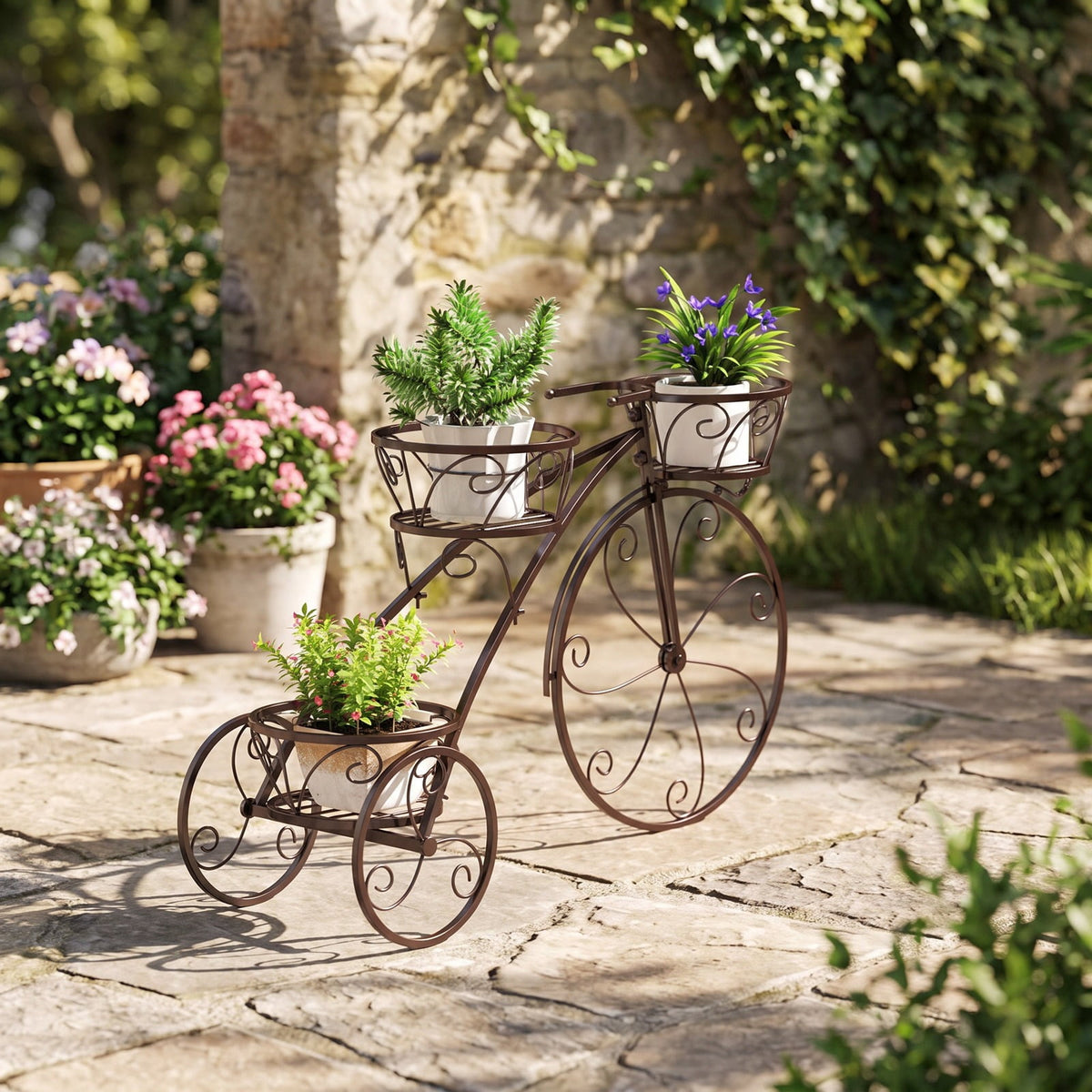 Airfind Tricycle Plant Stand Flower Pot Cart Holder with 3 Hollowed Baskets, Basket 11 LBS Capacity, Metal Frame, 33 x 10 x 20 Footprint, Bronze