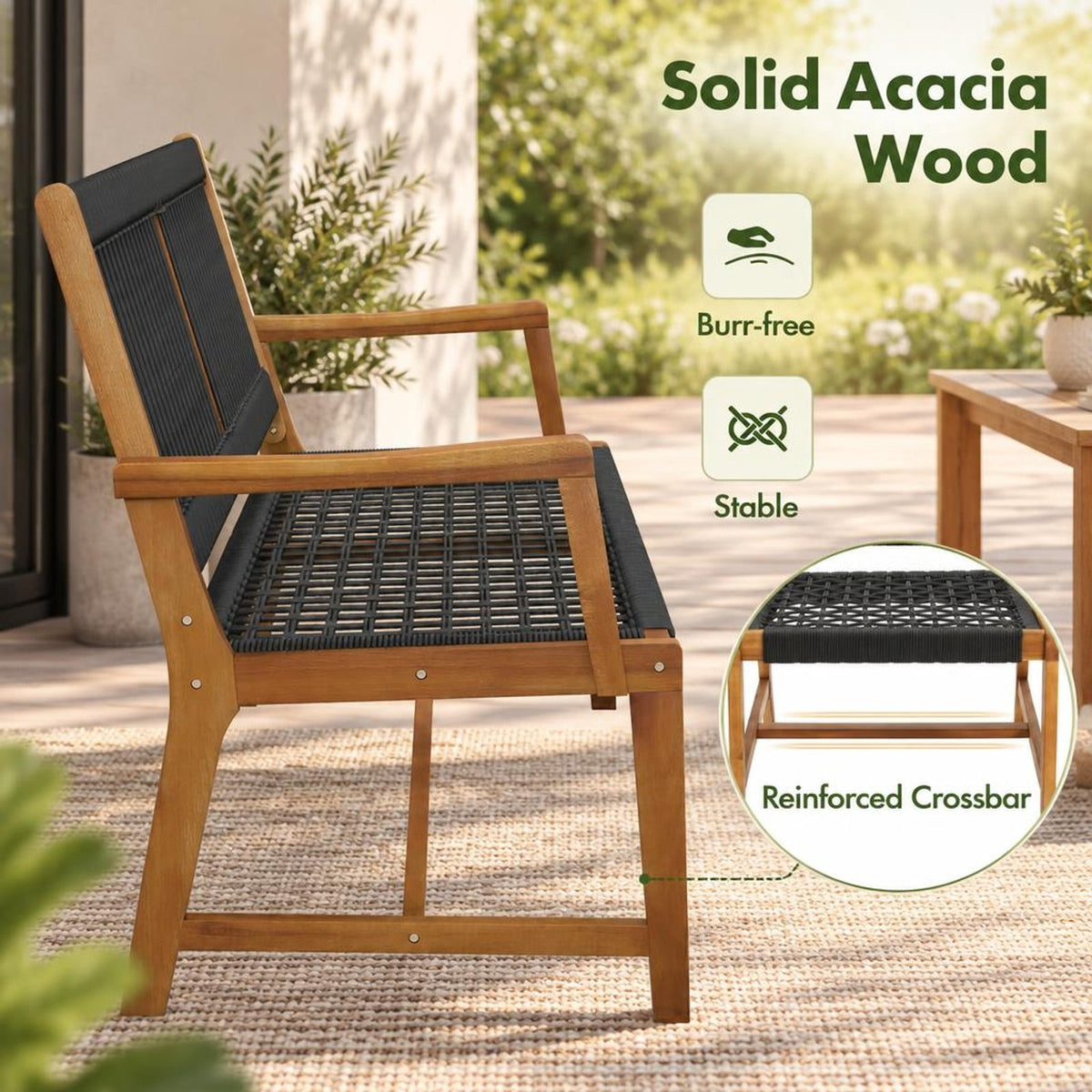 Airfind Set of 2 Patio Acacia Wood Dining Chairs with Armrests for Lawn Yard, Acacia Wood Plastic Rope Frame, Wood
