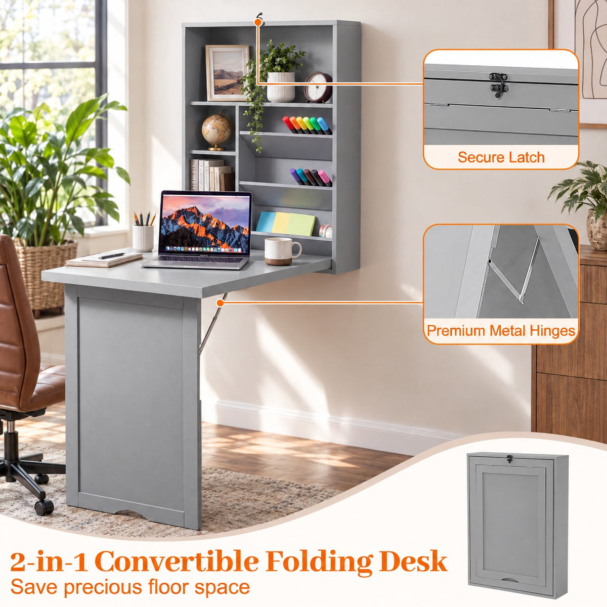 Airfind Wall-Mounted Fold-Out Convertible Floating Desk Space Saver, Engineered Wood MDF, 36 Inch x 24 Inch