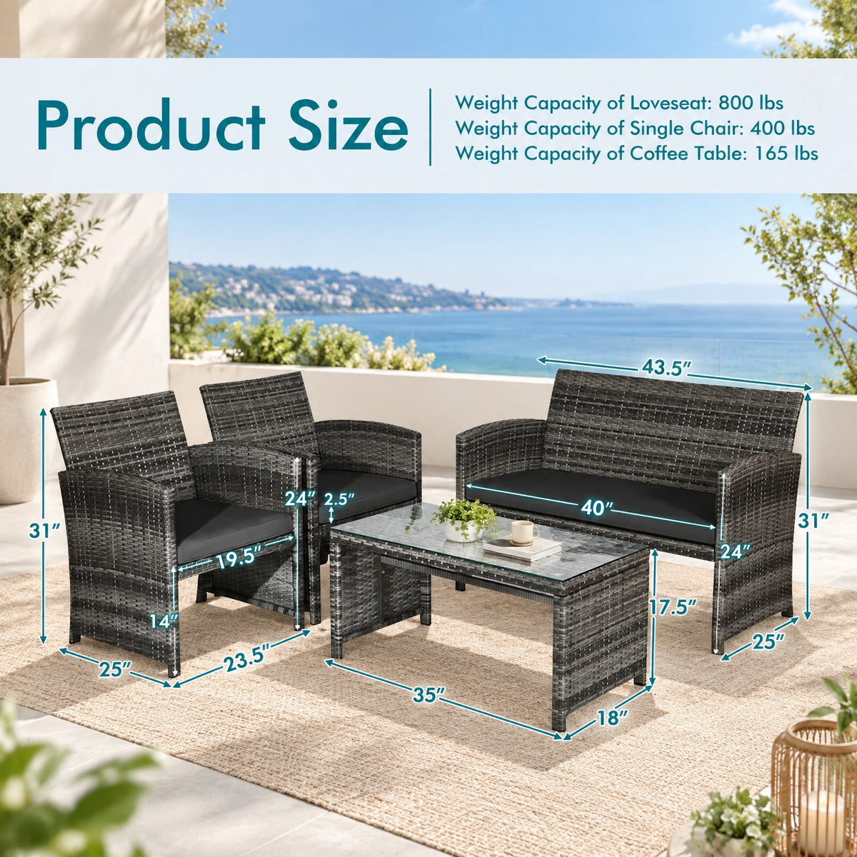 Airfind 4 Pieces Patio Rattan Furniture Set with Glass Table and Loveseat, PE Rattan Polyester Fiber Steel Sponge Single Sofa Frame, Black