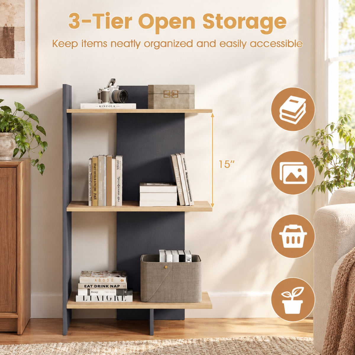 Airfind 3 Tier Wooden Bookshelf with Anti-Tipping Kit, 66 lbs Capacity, Engineered Board Frame, 23.5 x 11.5 x 39.5 Footprint, Oak