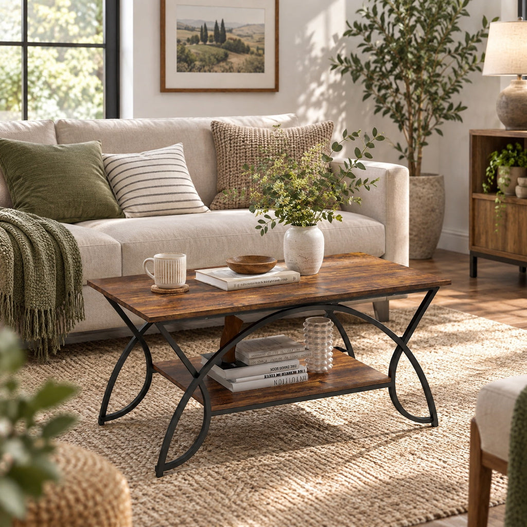 Airfind 2-Tier wood grain Coffee Table with wood grain top and Metal Frame, 110 lbs Capacity, Engineered wood steel Frame, Coffee
