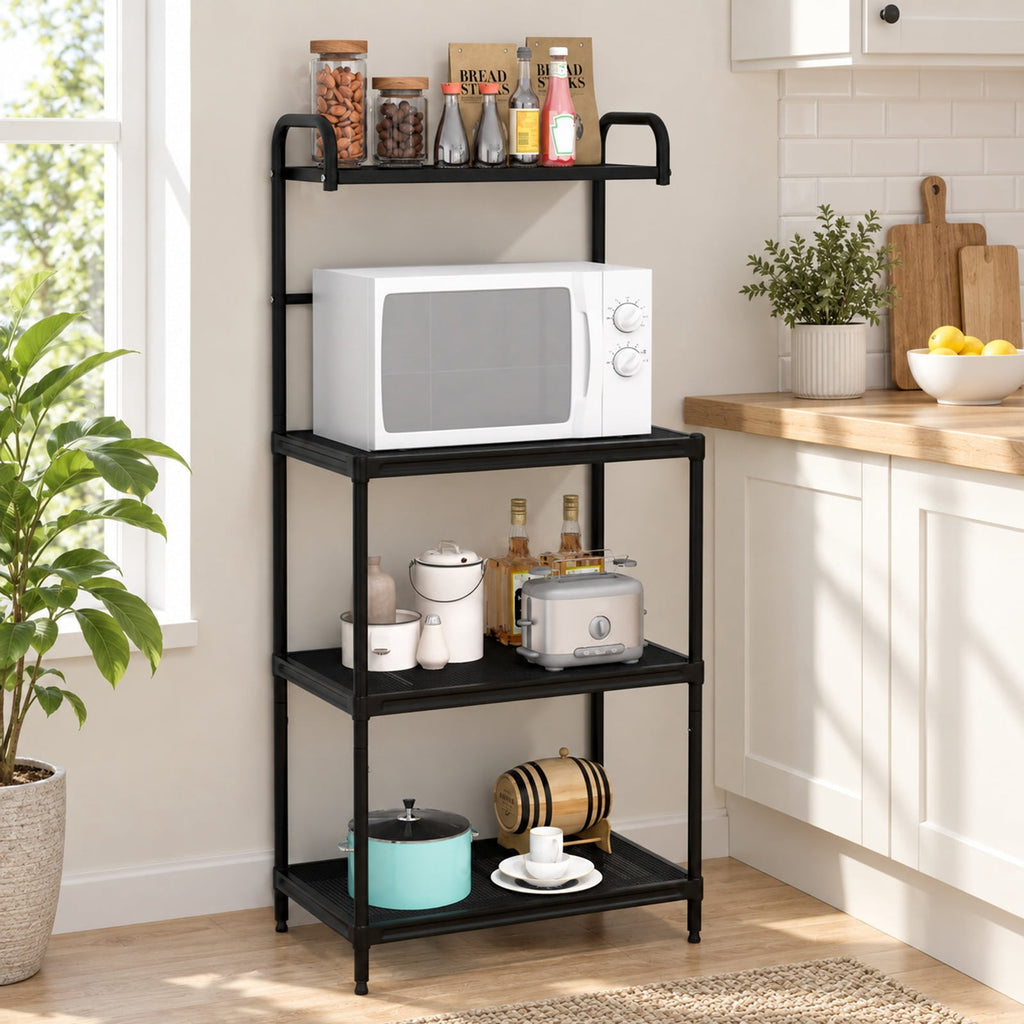 Airfind 4-Tier Kitchen Microwave Storage Rack with Metal Shelves, 55 lbs Capacity, Iron Frame, 23.5 x 13.5 x 53.5 Footprint, Black