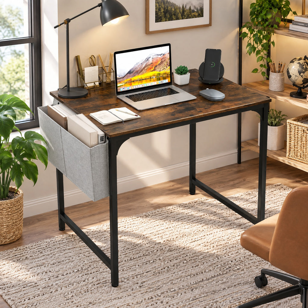 Airfind 32 Inch Home Office Desk with Charging Station Storage Bag and Headphone Hook, 210 lbs Capacity, Engineered Wood MDF Metal Fabric Frame