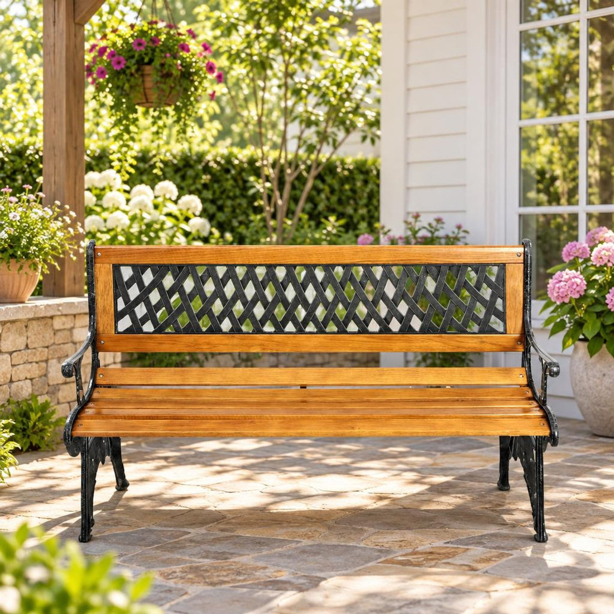 Airfind Outdoor Cast Iron Patio Bench, 463 lbs Capacity, Cast iron Frame, 49.5 x 20.5 x 29 Product weight: 30 lbs Footprint, Black + natural