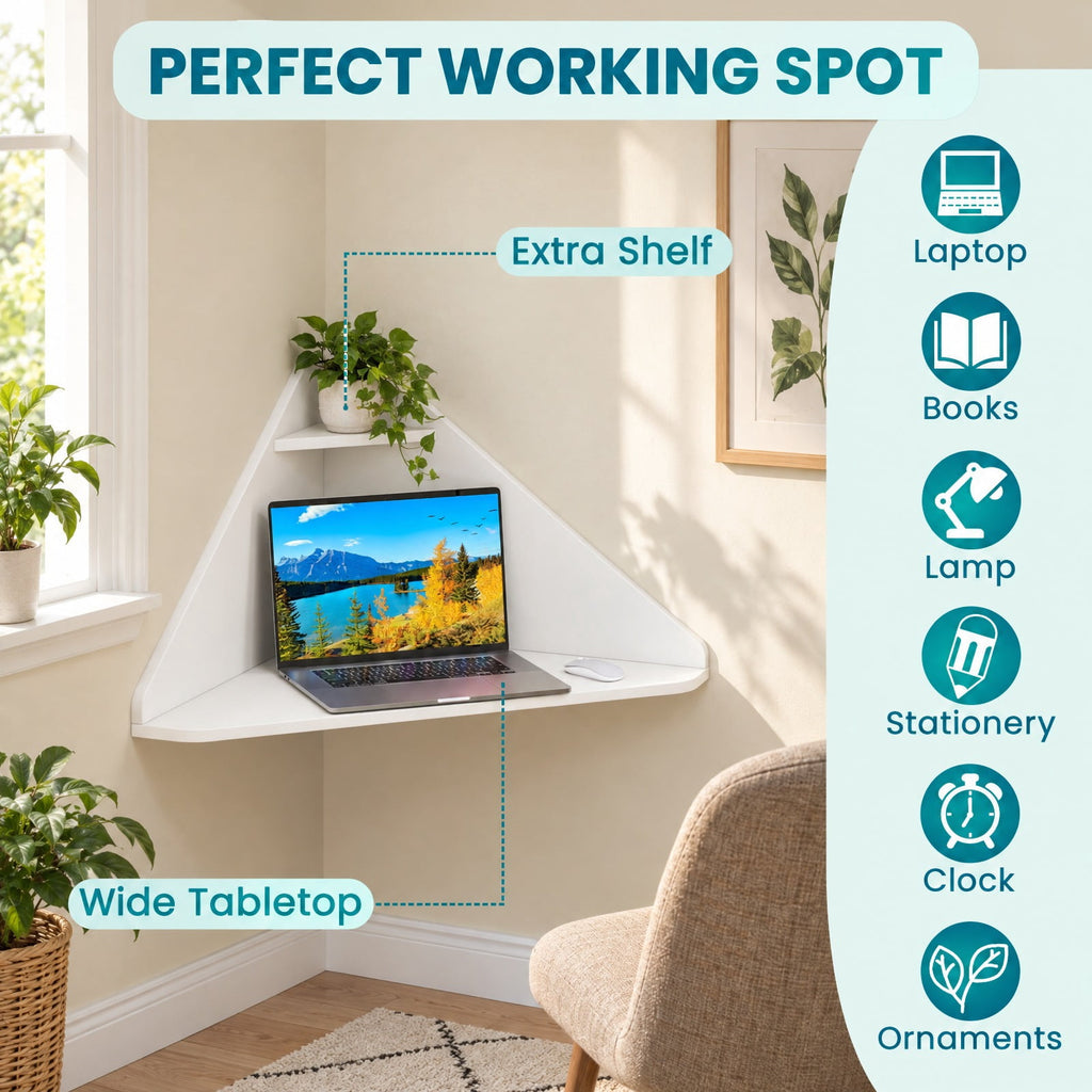 Airfind Floating Triangular Corner Computer Desk with Storage Shelf, Engineered Wood Frame, White, Overall Dimensions 36.5 Inch x 31 Inch x 18 Inch Sid
