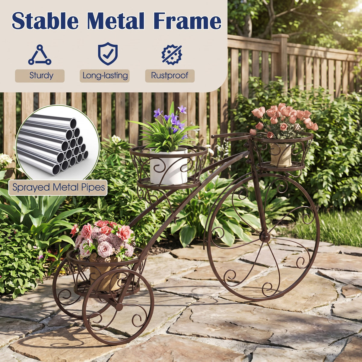 Airfind Tricycle Plant Stand Flower Pot Cart Holder with 3 Hollowed Baskets, Basket 11 LBS Capacity, Metal Frame, 33 x 10 x 20 Footprint, Bronze