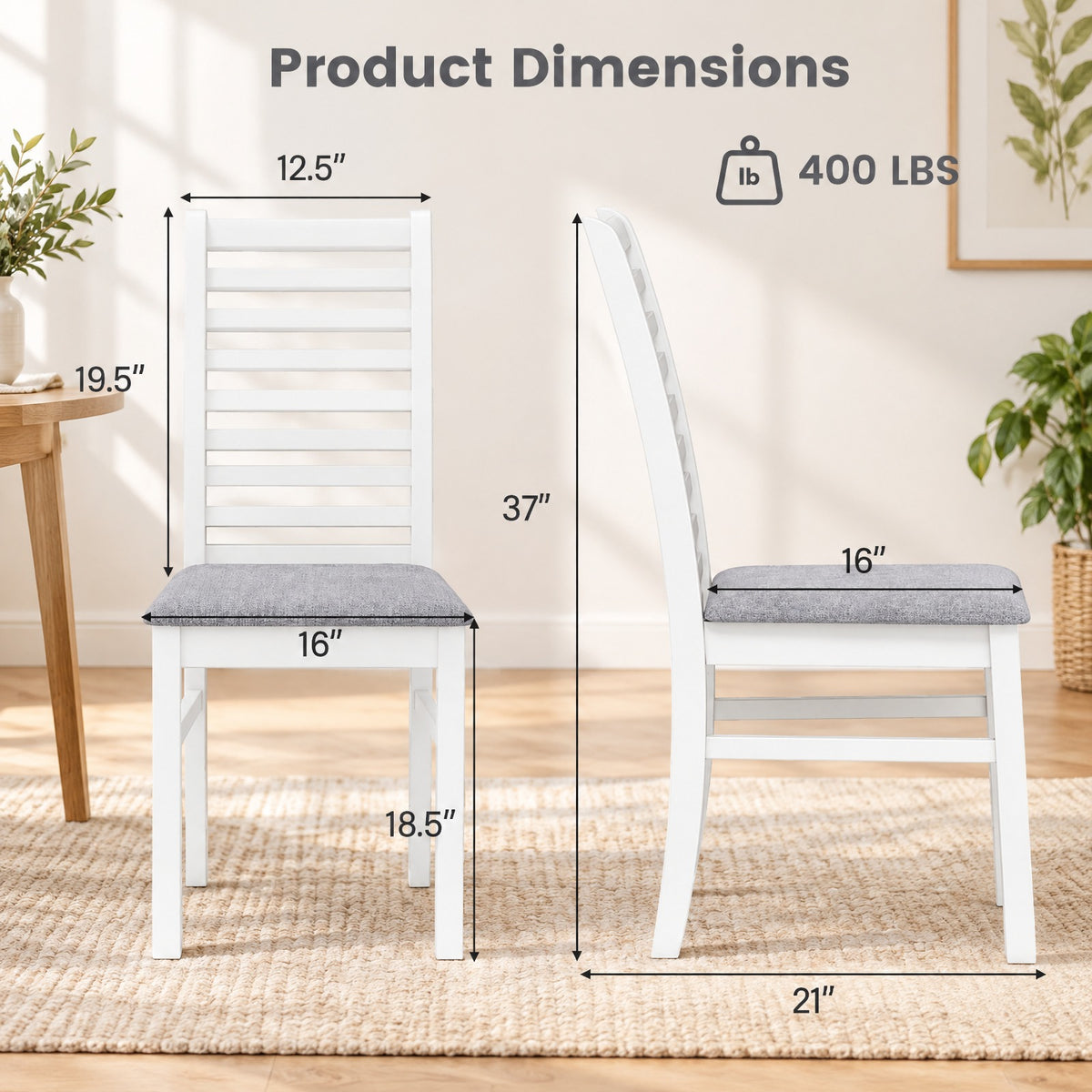 Airfind Set of 2 Wooden Dining Chair with Rubber Wood Legs for Living Room, 400 lbs Capacity, Rubber Wood Frame, 16 x 21 x 37 Footprint, White
