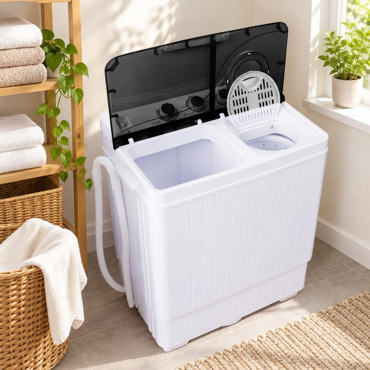 Airfind 26 lbs Semi-Automatic Twin Tub Washing Machine with Drain Pump, PP ABS Rated Frame, 27.5 x 16 x 32 Footprint, Black