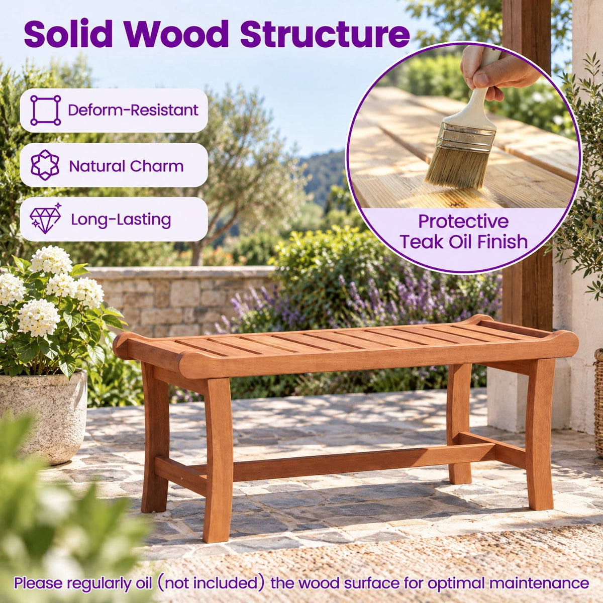 Airfind 2-Person Outdoor Wood Bench with Slatted Seat and Raised Edges-1 Piece, 530 lbs Capacity, Mixed Hardwood Frame, 41.5 x 16 x 18 Footprint