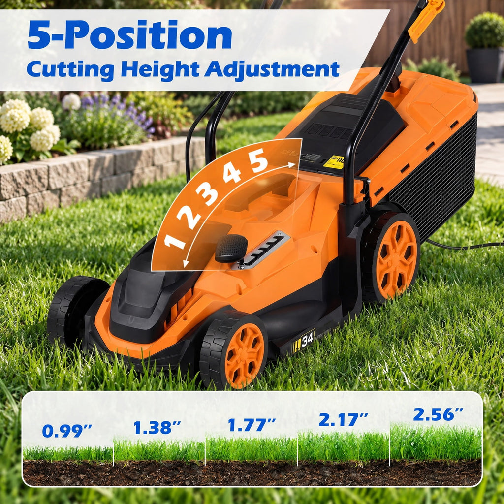 Airfind 14-Inch 12-Amp Corded Electric Lawn Mower w/ 5-Position Height Adjustment, Metal Frame, 44-45.5 x 14 x 38.5-39.5 Footprint, Orange