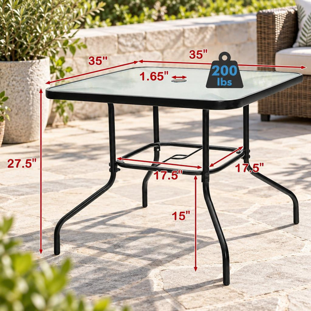 Airfind 35 Inch Patio Dining Square Tempered Glass Table with Umbrella Hole, 200 lbs Capacity, Steel tempered glass Frame, Black