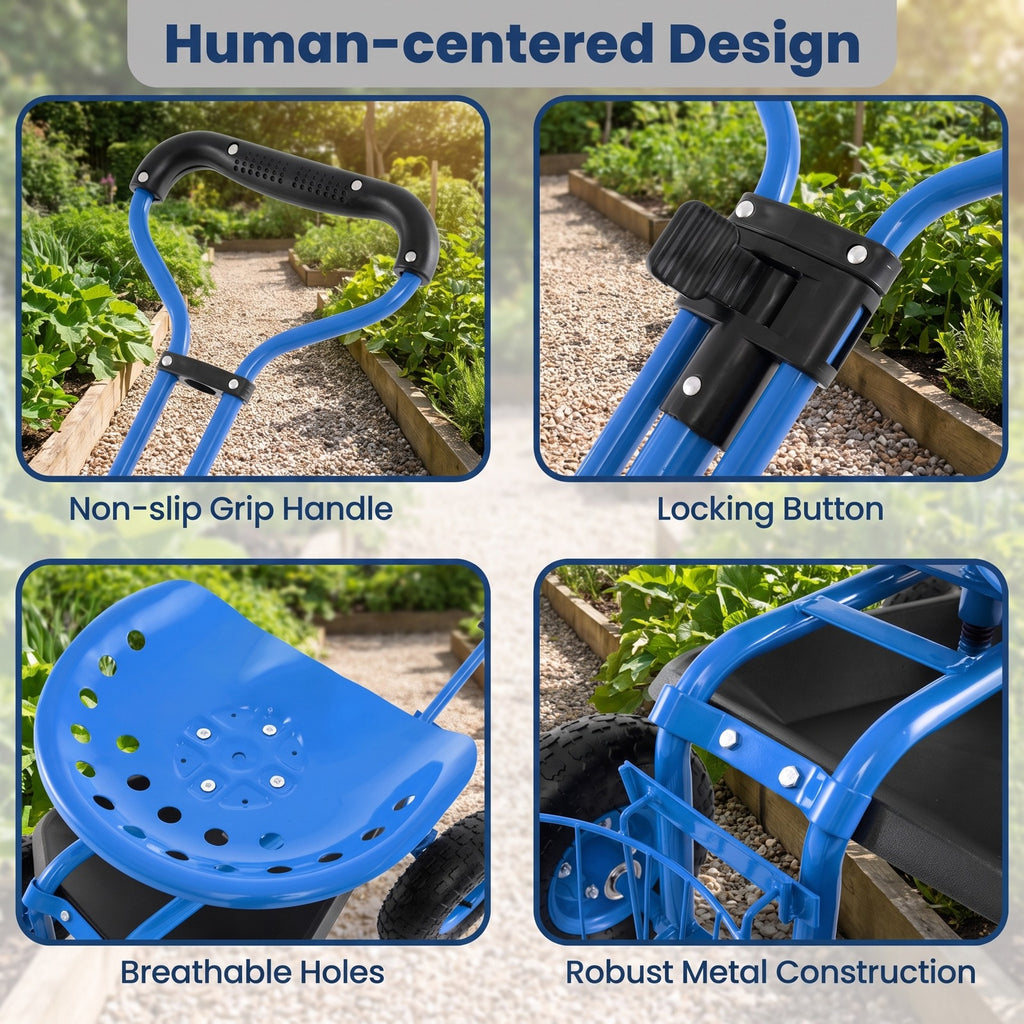 Airfind Heavy Duty Garden Cart with Tool Tray and 360 Swivel Seat, 330 lbs Capacity, Steel Rubber Plastic Frame, 38 x 17 x Footprint, Blue