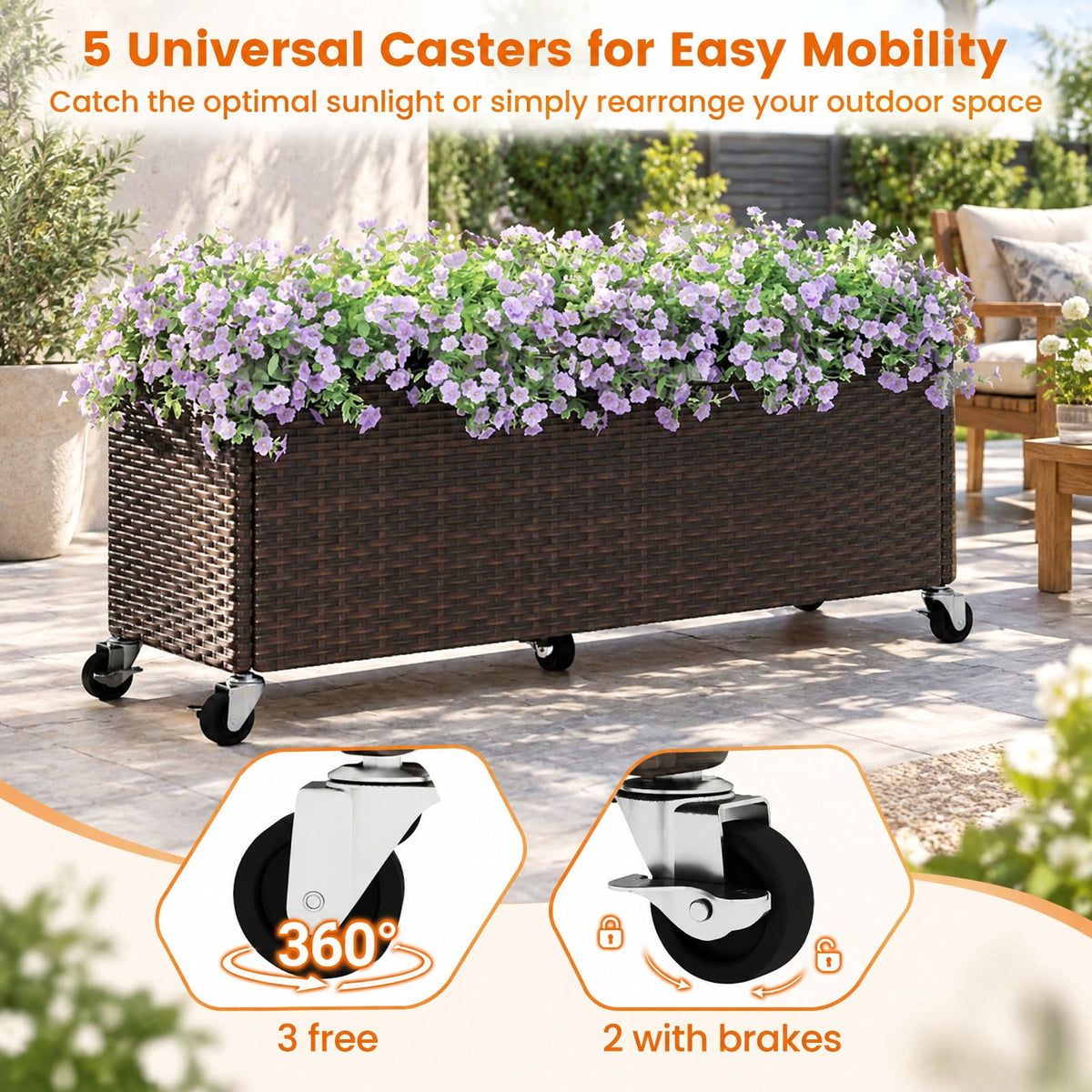 Airfind Raised Garden Bed PE Rattan Wicker Patio Planter Box with Wheels and Liner, 37.5 x 12 x 14Interior Footprint