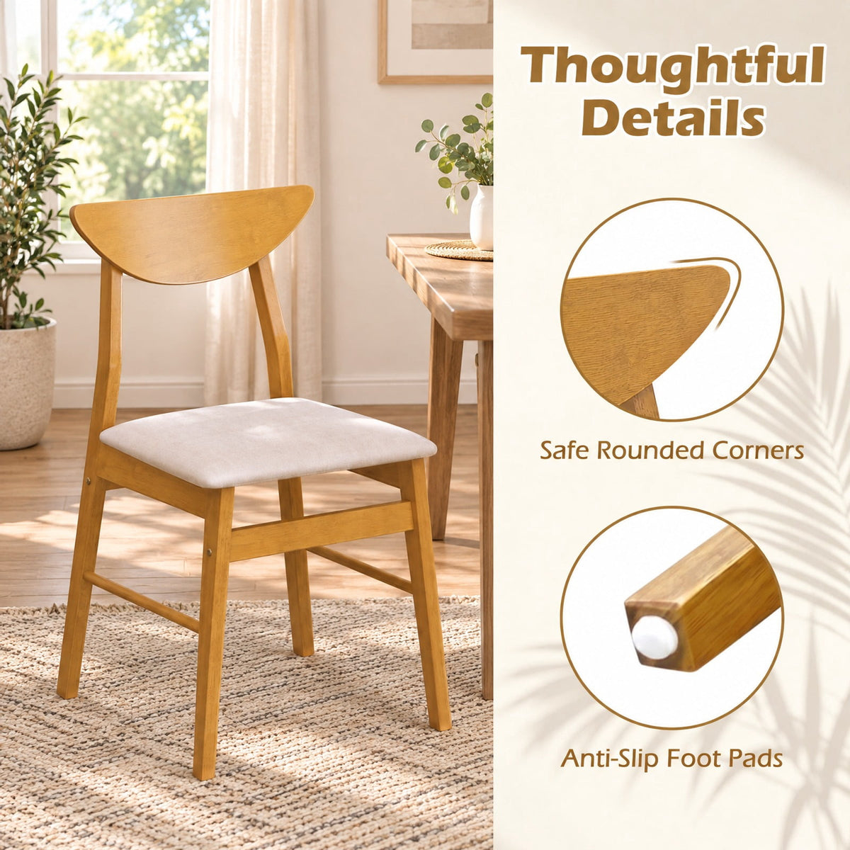Airfind Set of 2 Upholstered Dining Chairs with Curved Backrest and Rubber Wood Frame, 330 lbs Capacity, Rubber Wood Frame, Natural