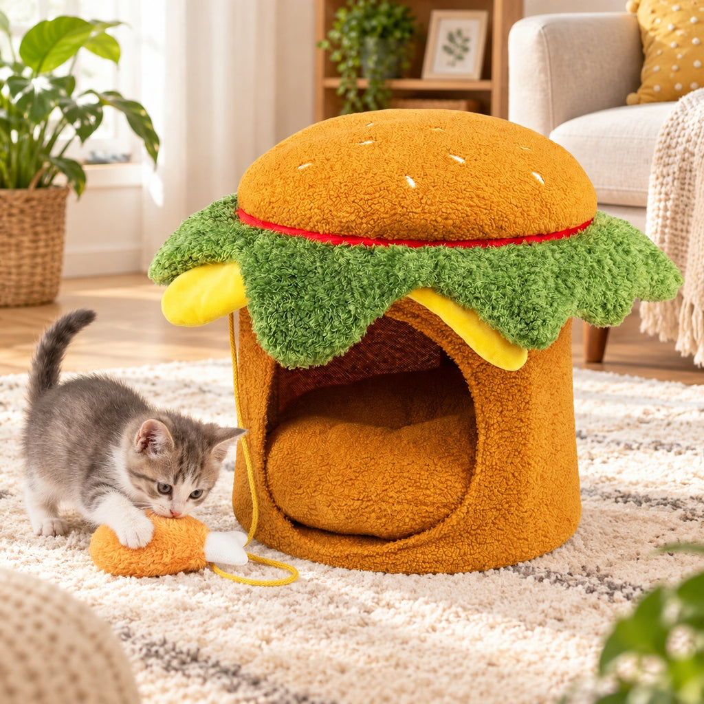 Airfind Hamburger Cat Nest with Chicken Drumstick Toy and Removable Cushion for Indoor Cats, 155 lbs Capacity, Yellow