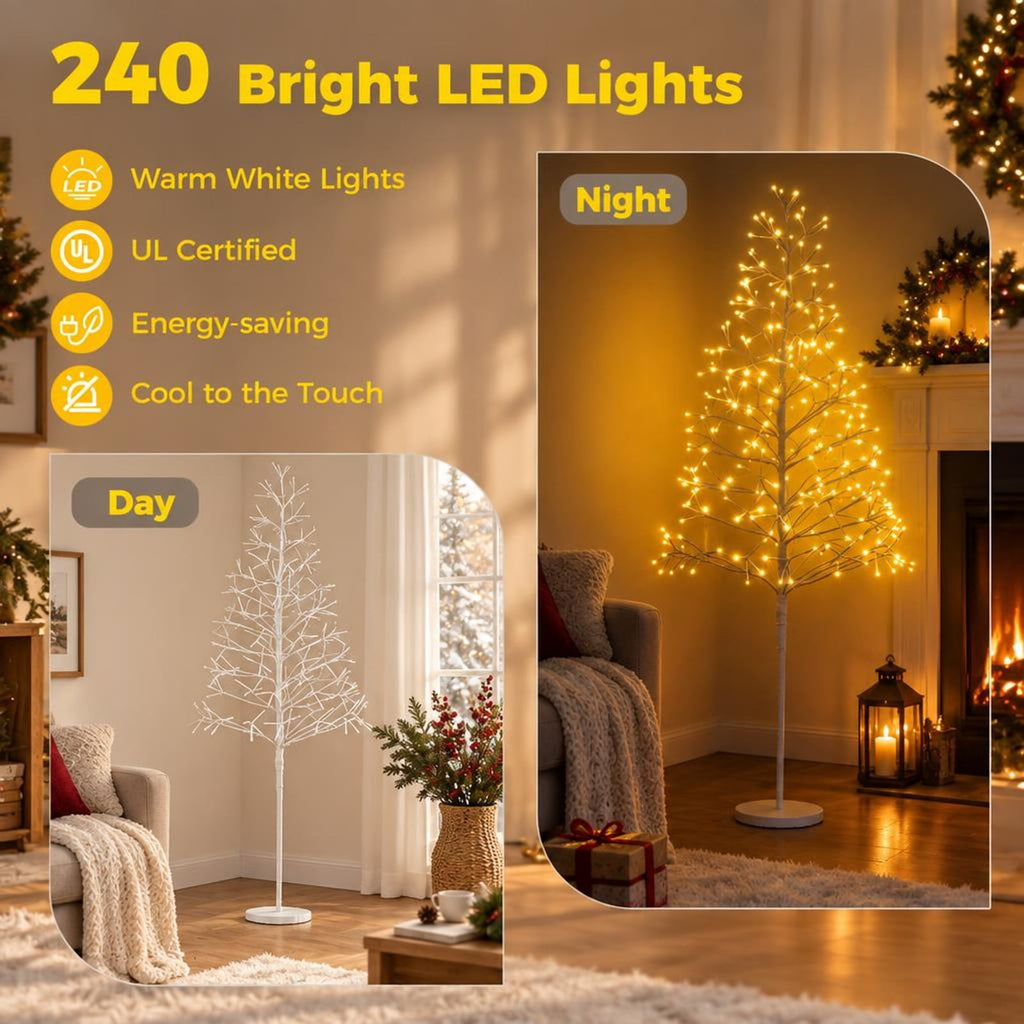 Airfind 5 FT Lighted Birch Tree Pre-lit Twig Tree with 240 Warm White Light LED Lights-5 FT, Metal PVC Concrete Frame, White