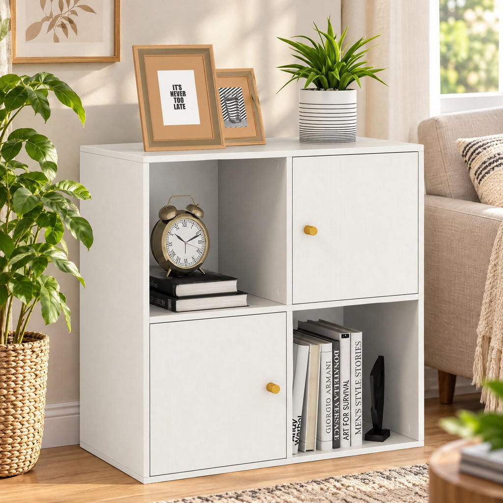 Airfind 4-Cube Bookcase 3-Tier Bookshelf with Dual Anti-Tipping Kits and 2 Cabinets, 110 lbs Capacity, MDF Engineered Wood Frame, Brown