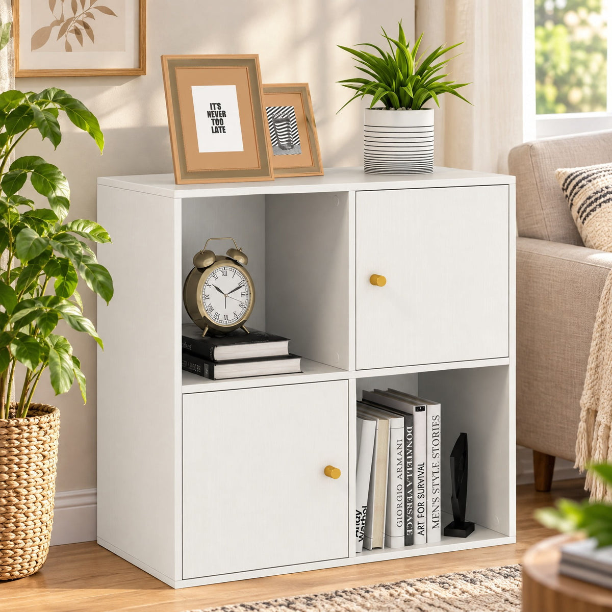 Airfind 4-Cube Bookcase 3-Tier Bookshelf with Dual Anti-Tipping Kits and 2 Cabinets, 110 lbs Capacity, MDF Engineered Wood Frame, Brown