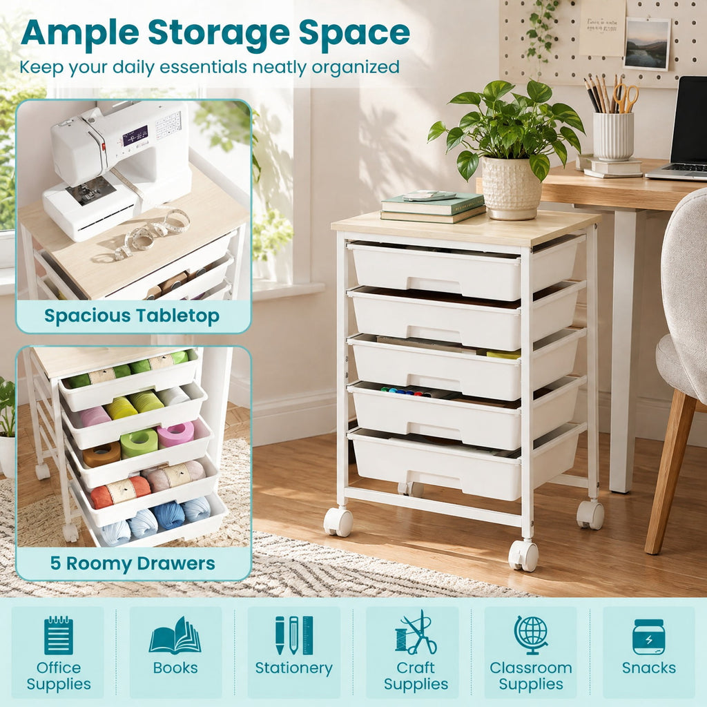 Airfind 5-Drawer Rolling Cart with Wooden Tabletop and Metal for Craft Room, 33 lbs Capacity, Metal PP Engineered Wood, White