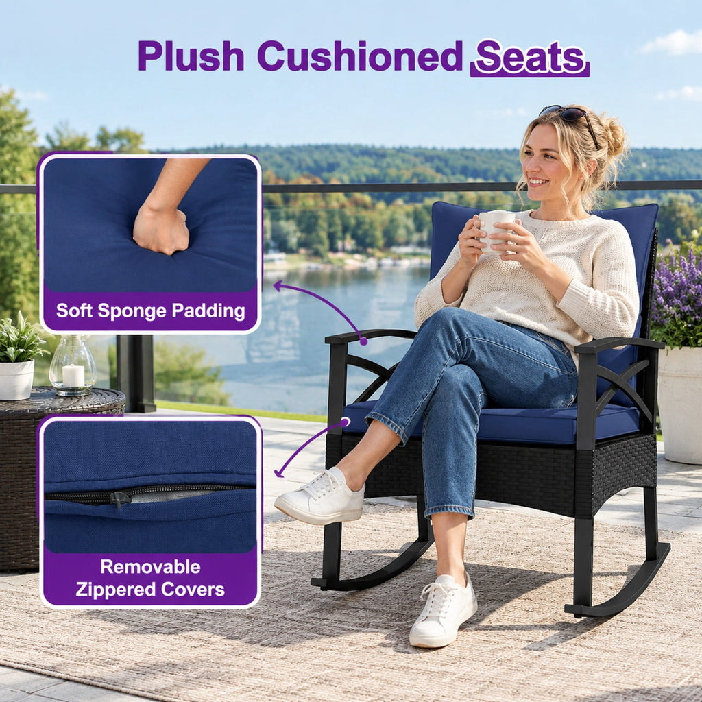 Airfind 3 Pieces Outdoor Rattan Rocking Chairs Set with 2-Tier Side Table for Garden Backyard, Table 100 lbs Capacity, 18 x 18 x 18.5 Footprint