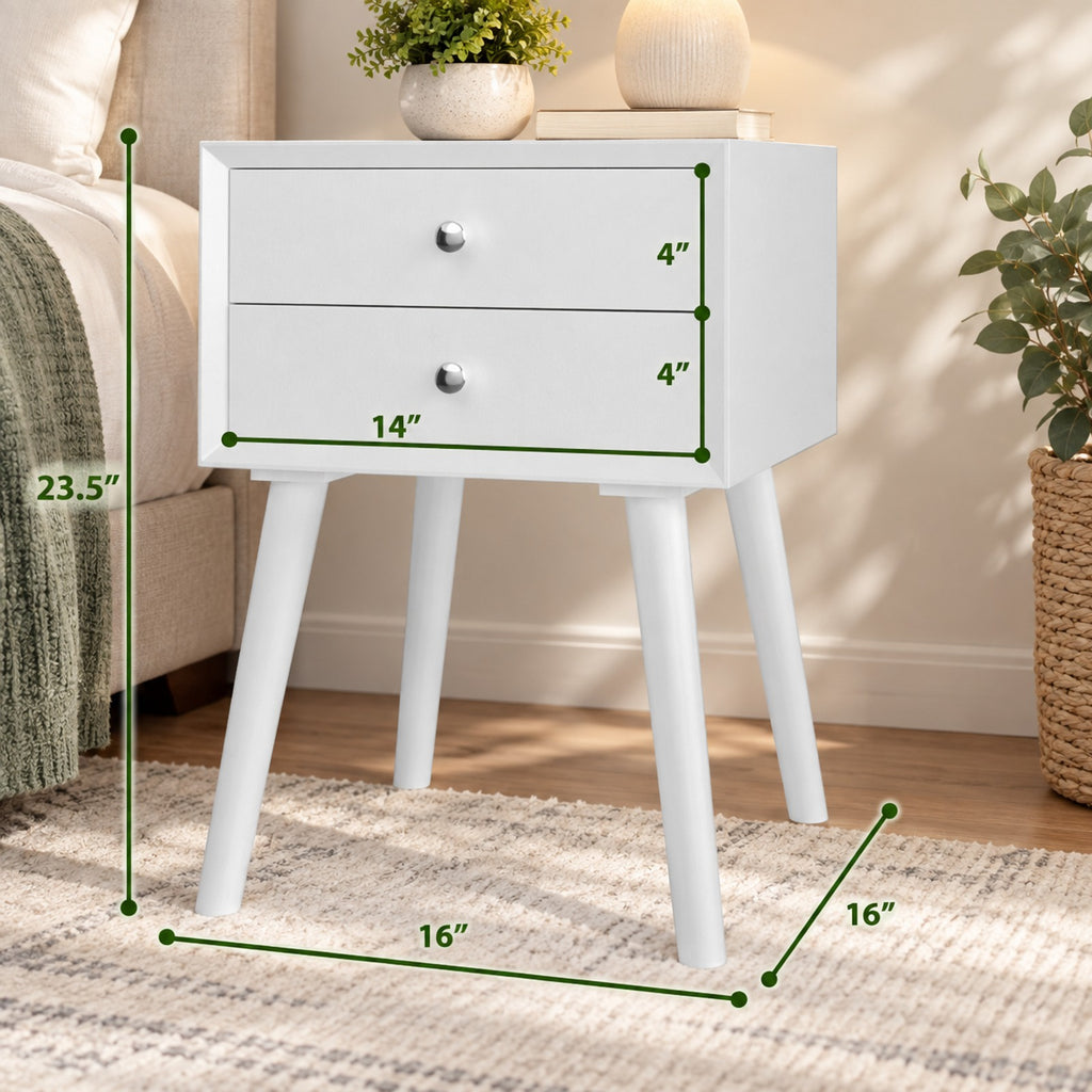 Airfind Wooden Nightstand Mid-Century End Side Table with 2 Storage Drawers, 165 lbs Capacity, Rubber Wood Frame, White